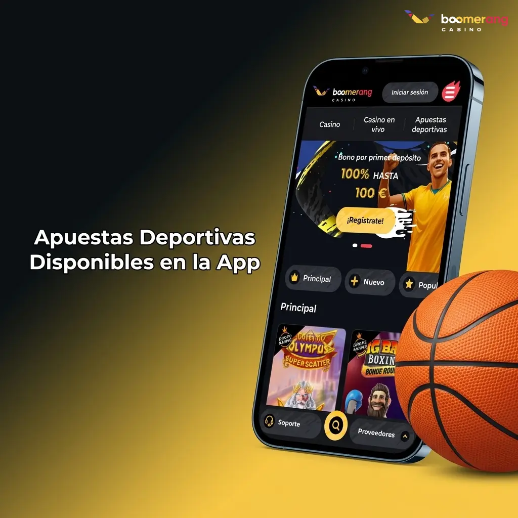 Sección de apuestas deportivas en la app de Boomerang Casino con fútbol, baloncesto, tenis y más deportes disponibles