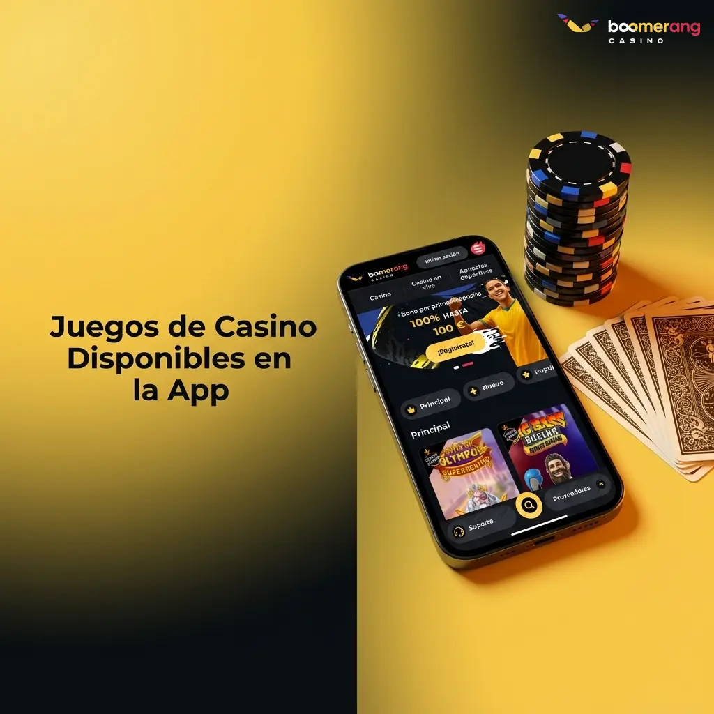 Interfaz de la app Boomerang Casino con más de 7.000 juegos de slots, ruleta en vivo y blackjack disponibles