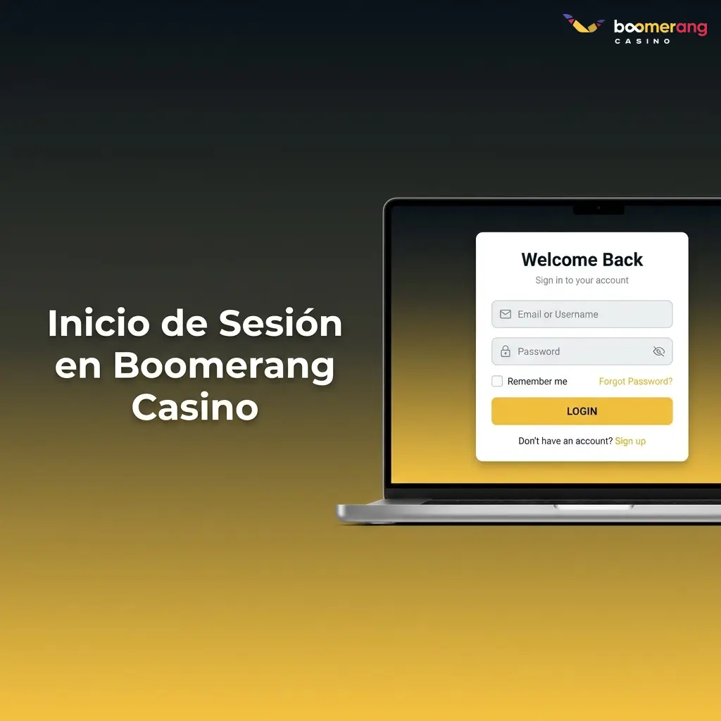 Pantalla de inicio de sesión de Boomerang Casino con campos de correo electrónico y contraseña para acceder a tu cuenta