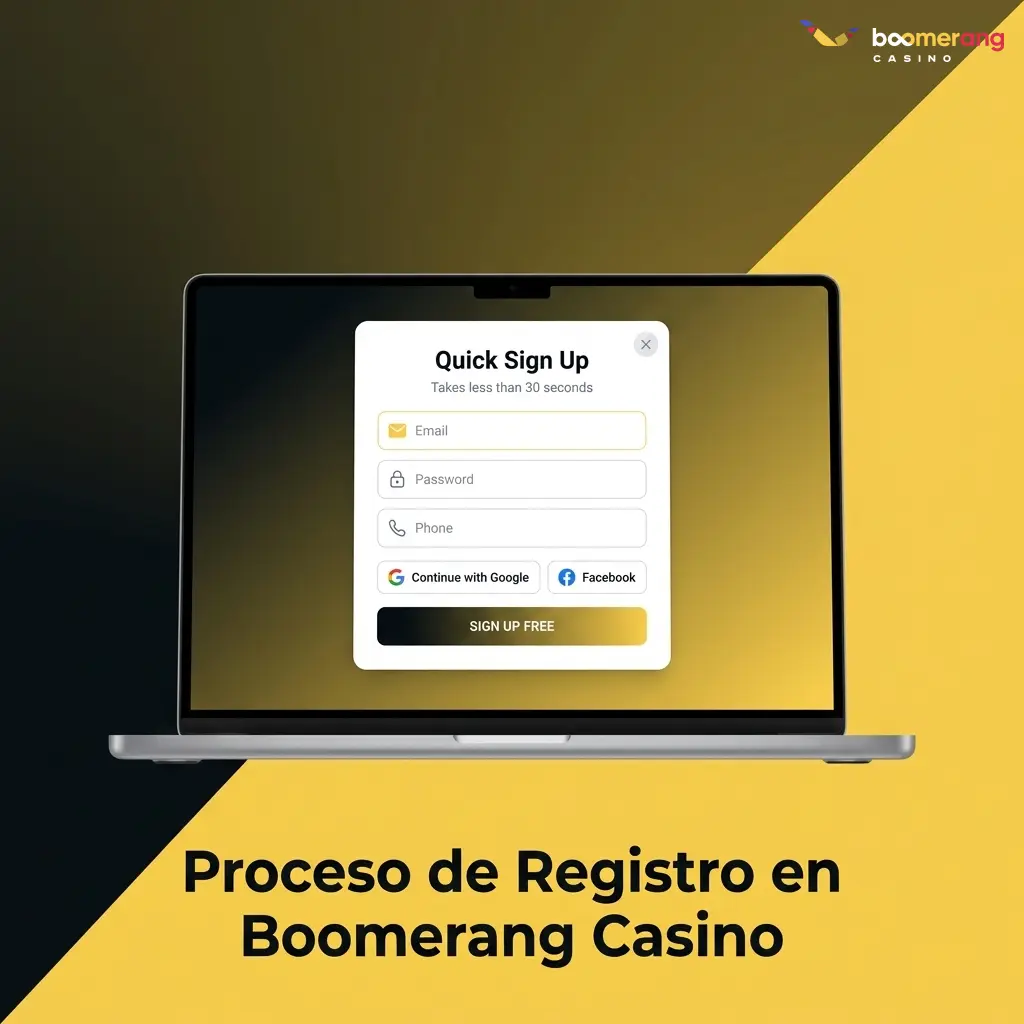 Proceso de registro en Boomerang Casino con formulario, datos personales y verificación de correo electrónico